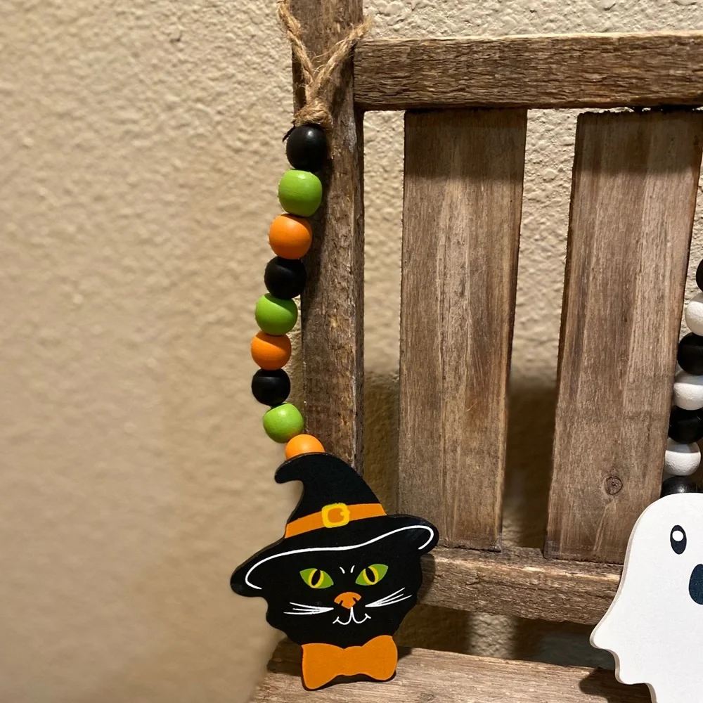 Halloween Beaded Garland Set Of 3, Black Cat Garland, Ghost Beaded Garland Set